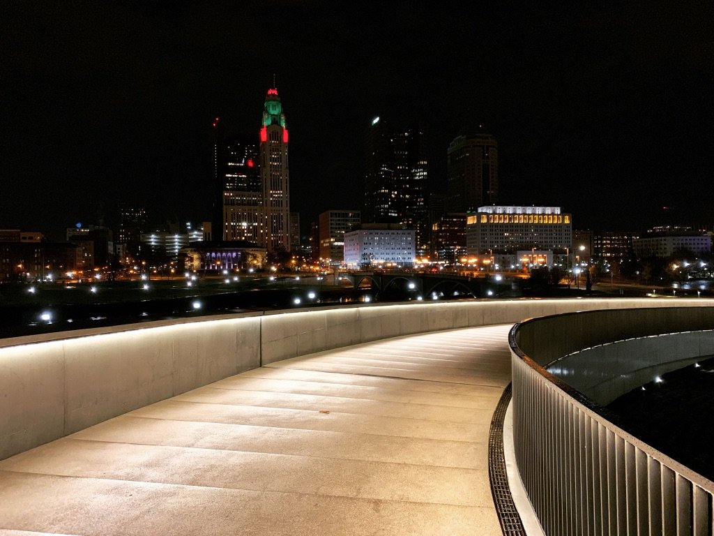 Downtown Columbus Ohio at night from a distanced perspective