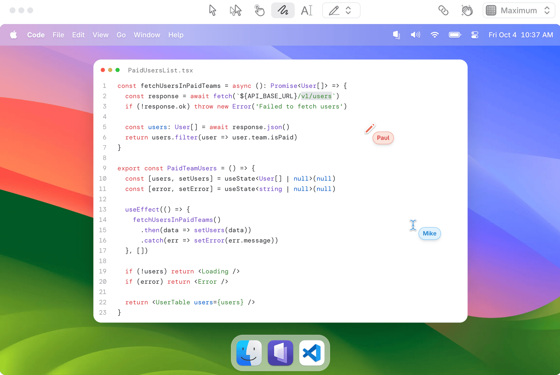 A screenshot of Tuple, a pair-programming application, running on a macOS system