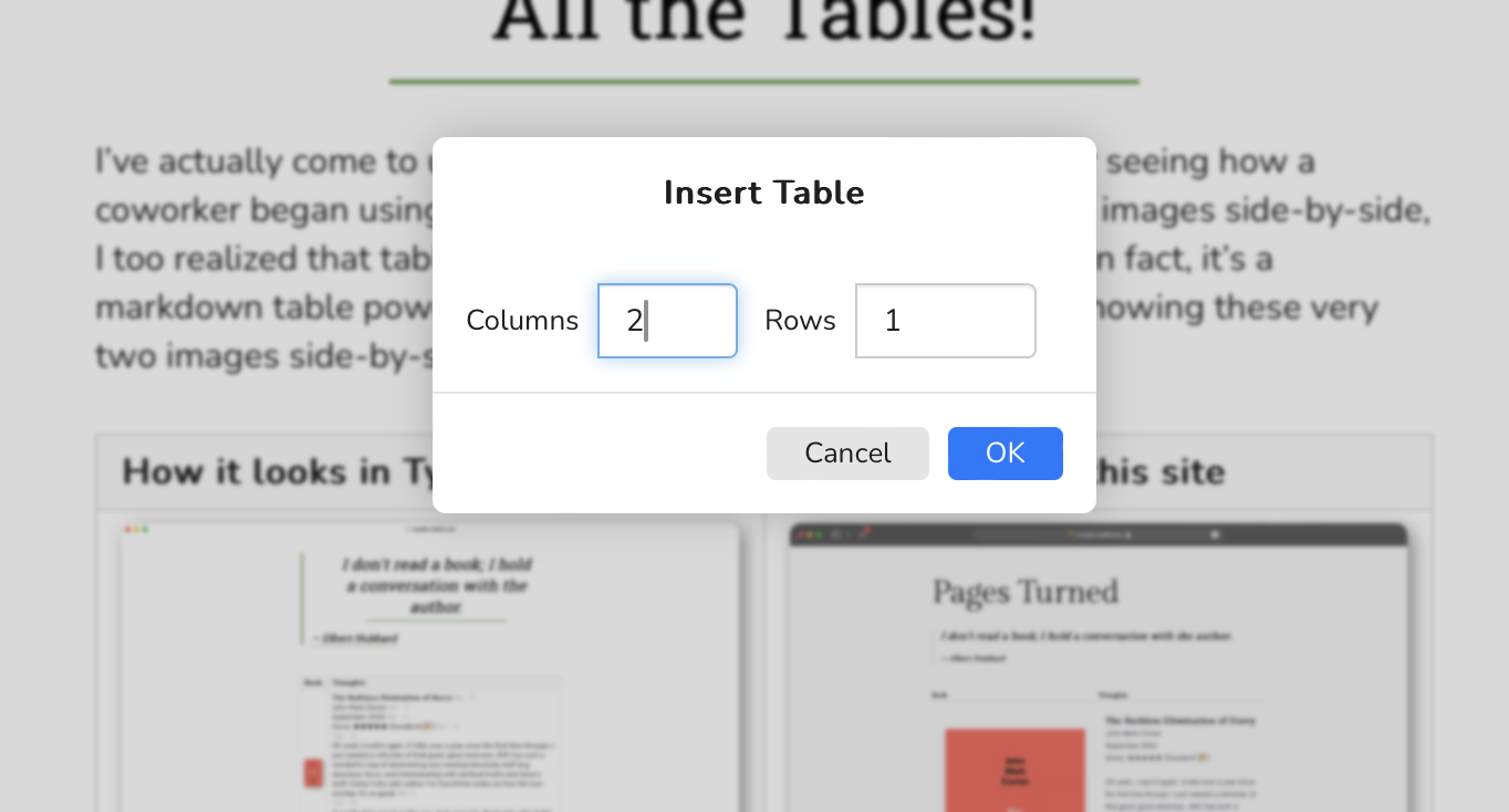 A screenshot showing the pop-up table selector in Typora