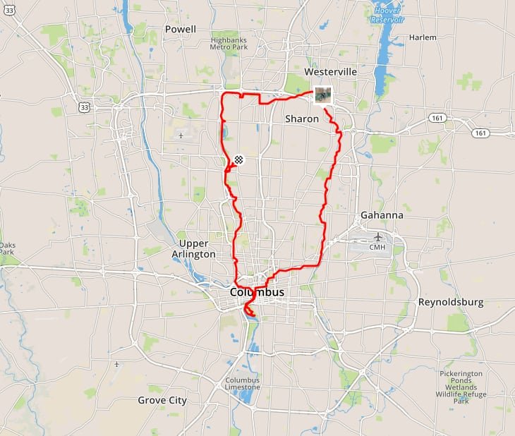 A map showing the route I rode around Columbus