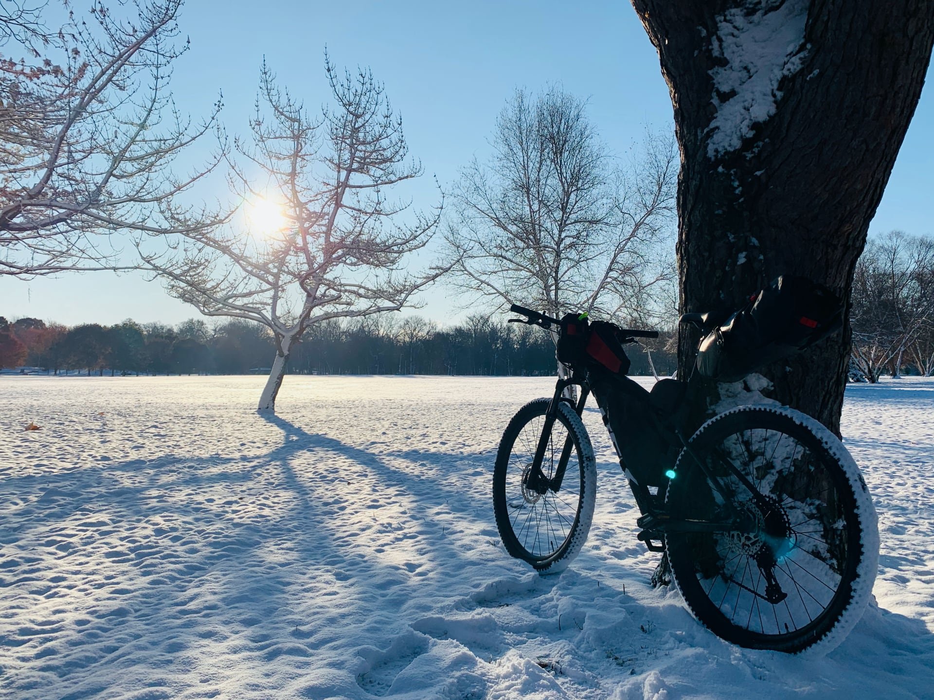 The new mountain bike riding through snow